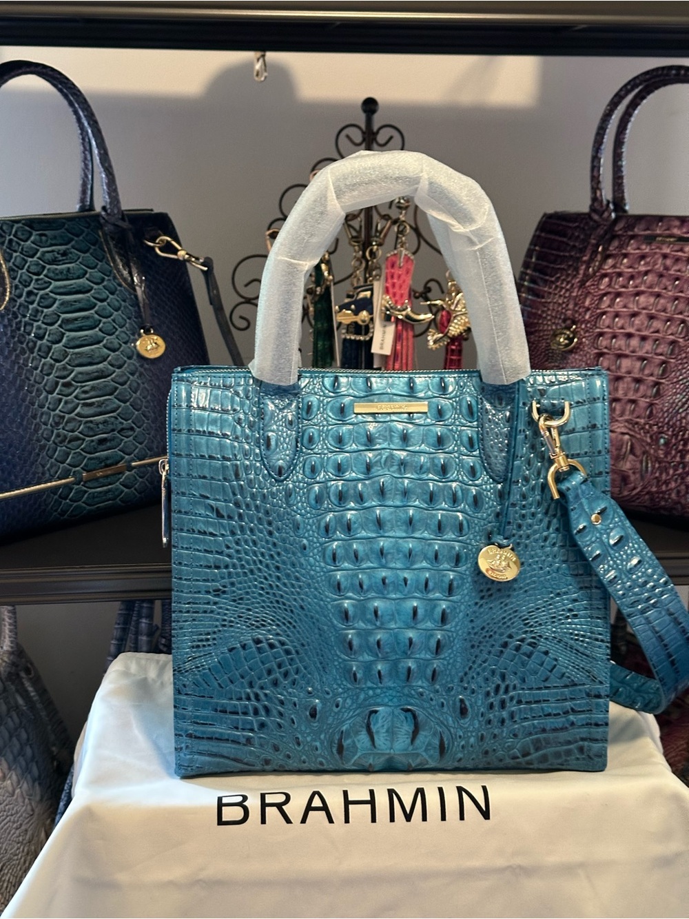 Sale Today! Brahmin Vibrant Azure Large Caroline Teal Leather Tote - Picture 2 of 13